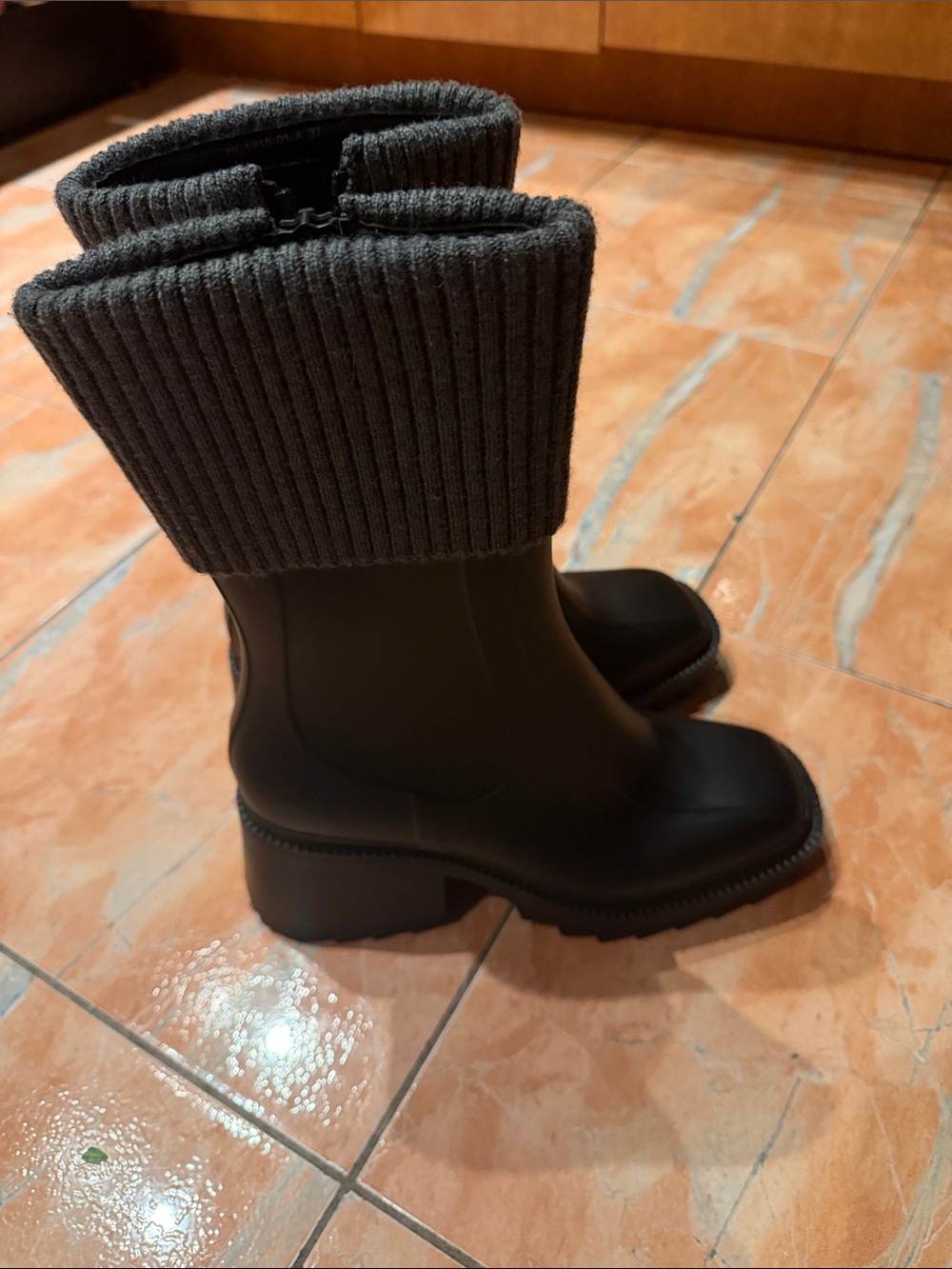 Tendance Black Knit Cuff Rain Boots for Women Made In France